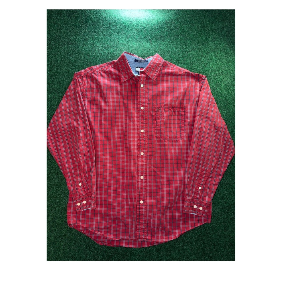 Tommy Jeans Mens Red Plaid Long Sleeve Button Down Shirt Size M Cotton Pocket